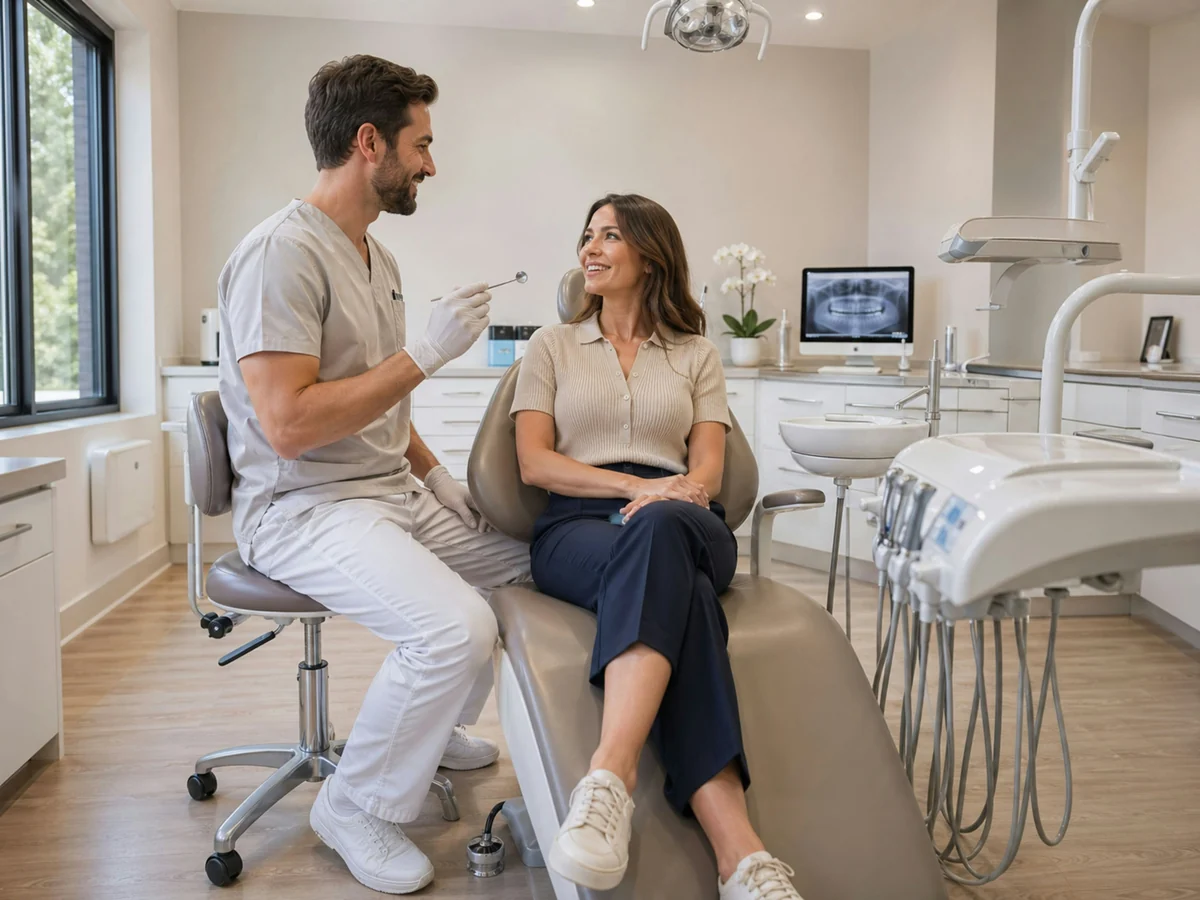 A dentist speaking with a woman patient in a dental clinic
